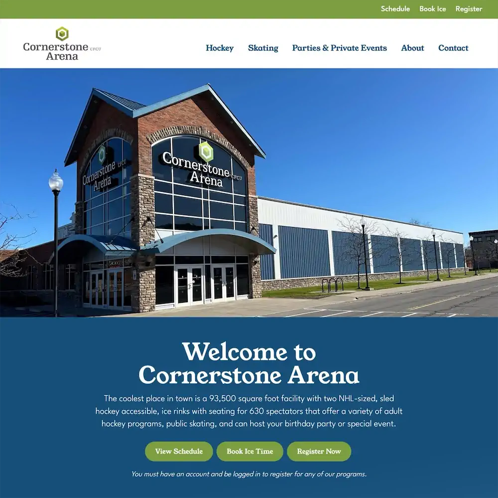 a square shaped screen shot of the Cornerstone Ice Arena website home page