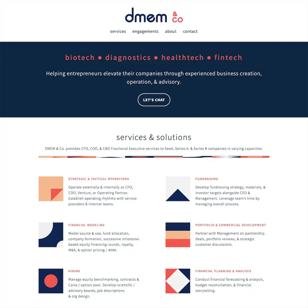 a square shaped screen shot of the DMEM & Co. single page website