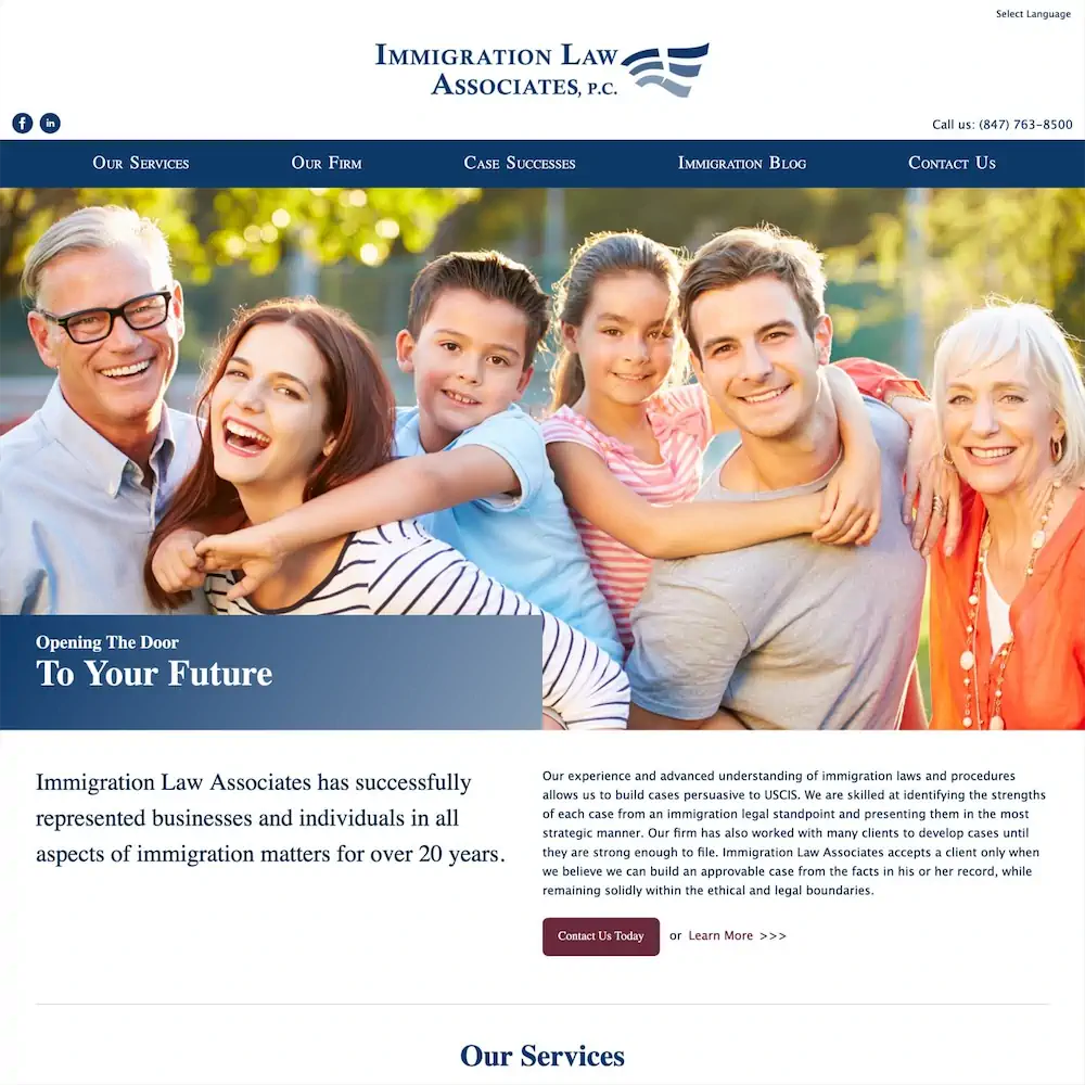 a square shaped screen shot of the Immigration Law Associates website home page