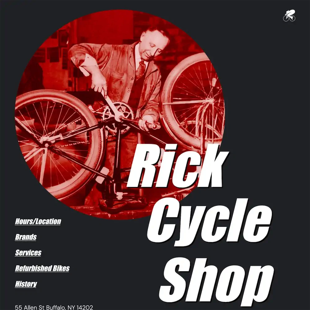 a square shaped screen shot of the Rick Cycle Shop single page website